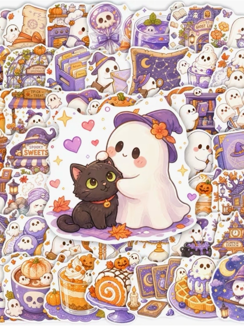 50 Halloween Cute Ghost Stickers Purple Orange Reading Baking Cleaning Desserts - Picture 13 of 16